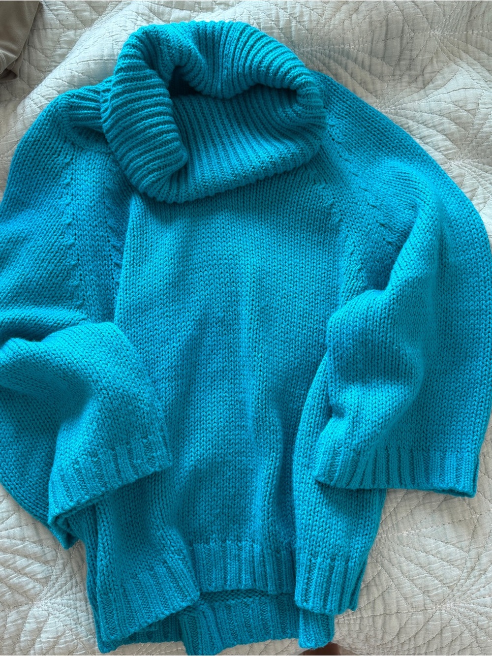 Teal Turquoise Cowl Funnel High Neck Cozy Knit Sweater - Picture 2 of 5